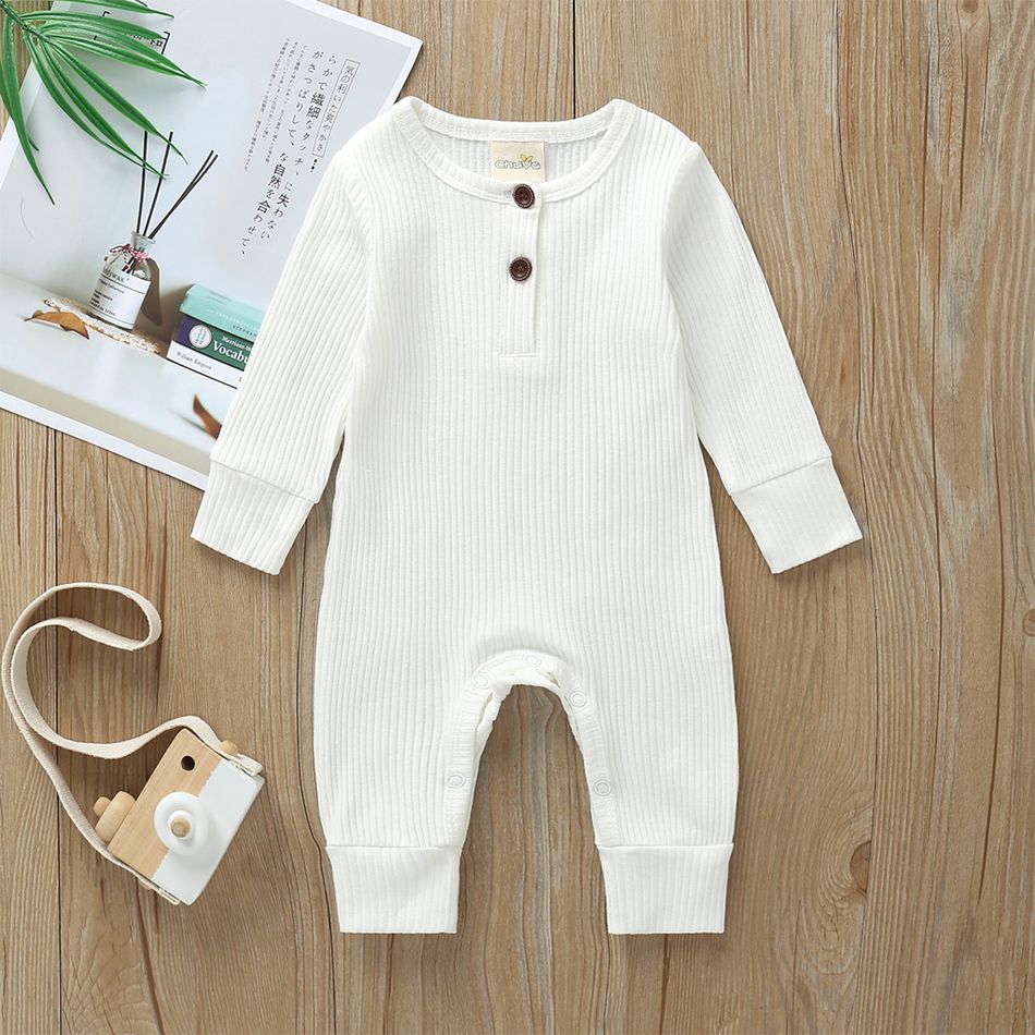Baby Boy/Girl 95% Cotton Ribbed Long-sleeve Button Up Jumpsuit White big image 1