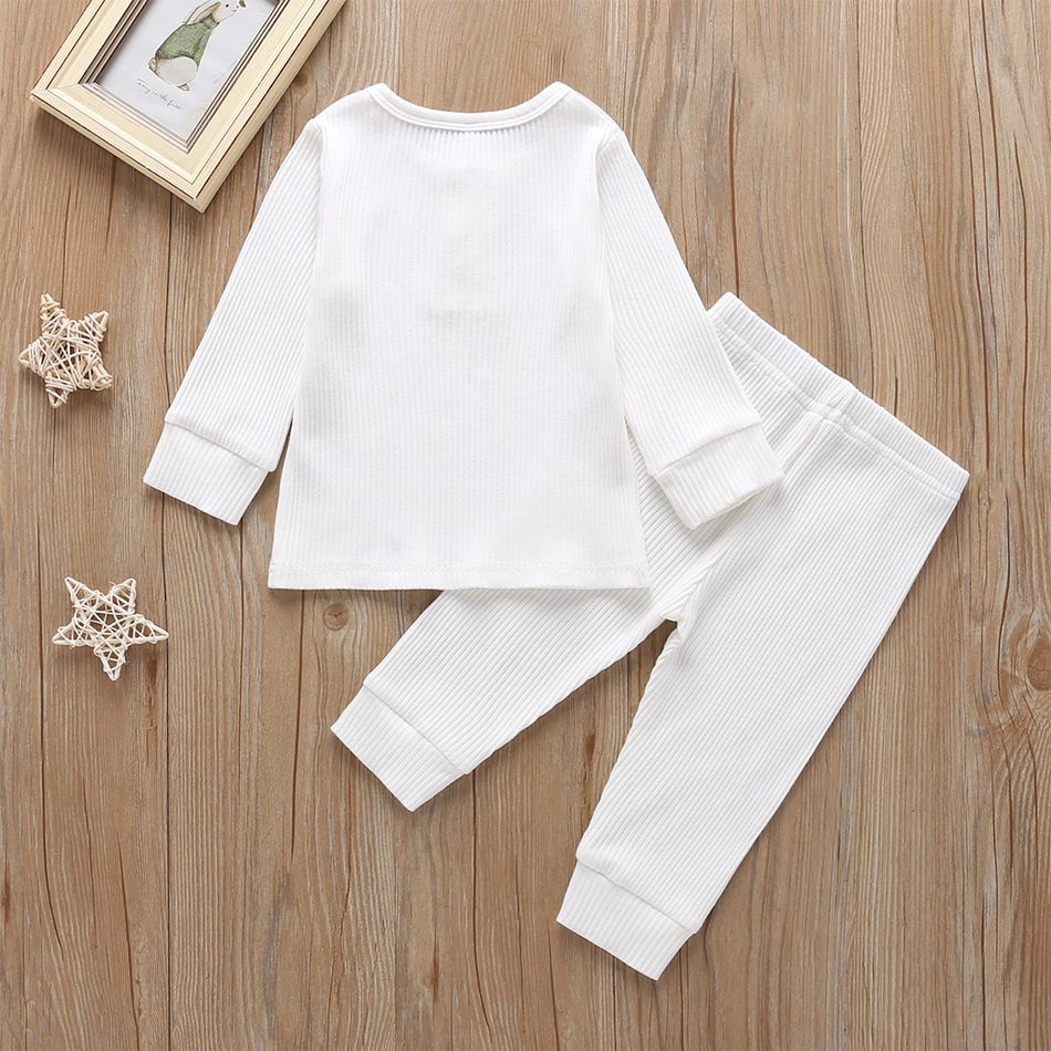 2pcs Baby Boy/Girl 95% Cotton Ribbed Long-sleeve Button Up Top and Pants Set White big image 3