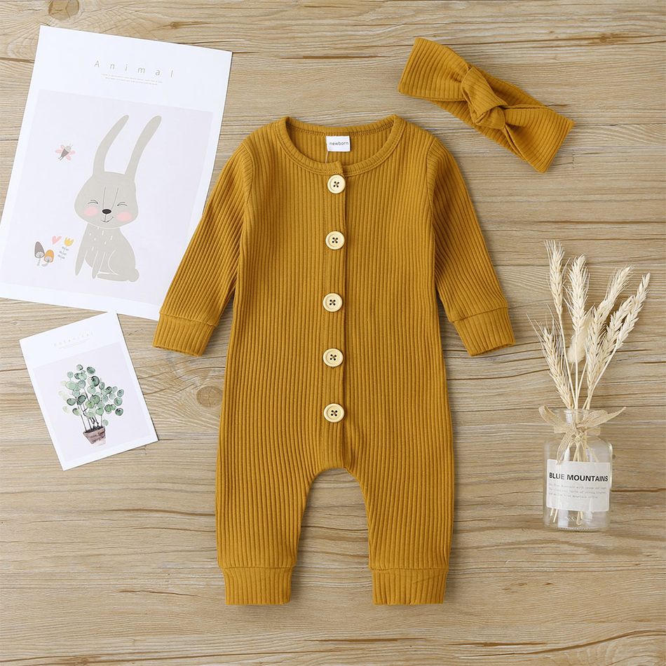 Ribbed 2pcs Solid Long-sleeve Baby Jumpsuit Brown