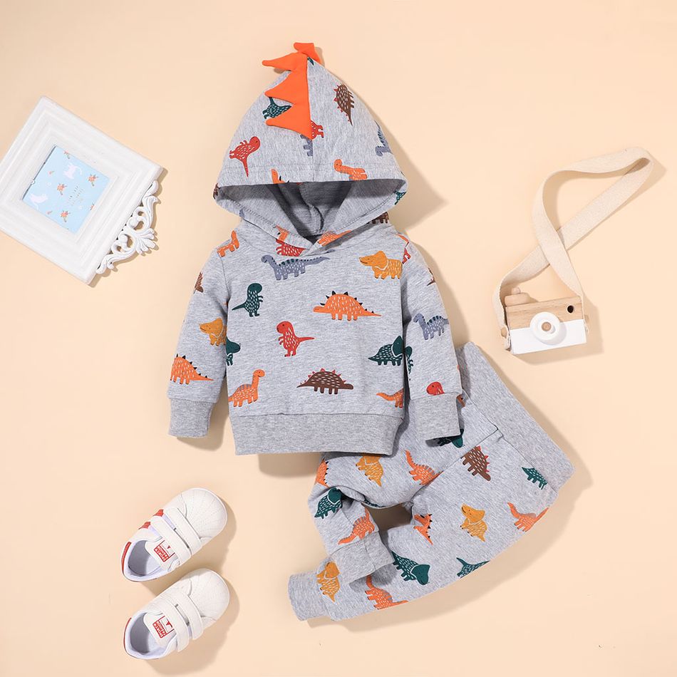 100% Cotton 2pcs Dinosaur Allover Hooded Long-sleeve Grey Baby Set Grey