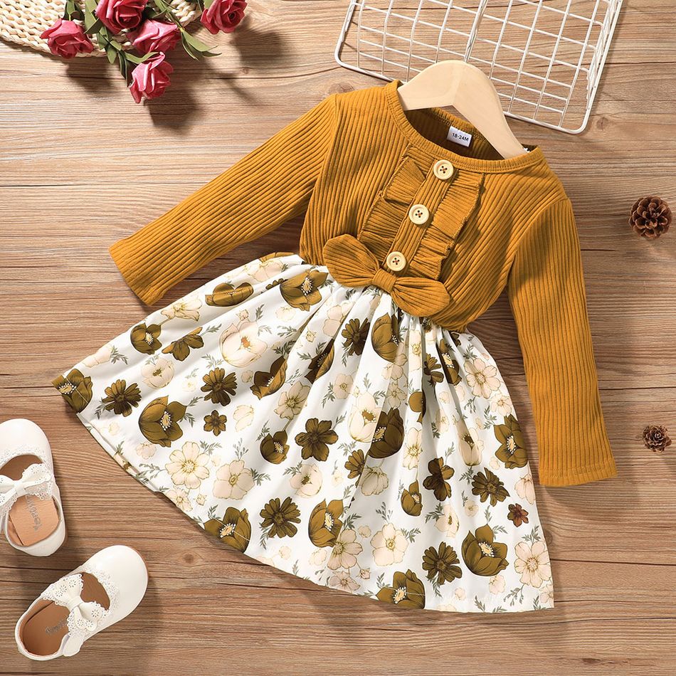 Baby / Toddler Flower Print Splice Long-sleeve Dress Ginger