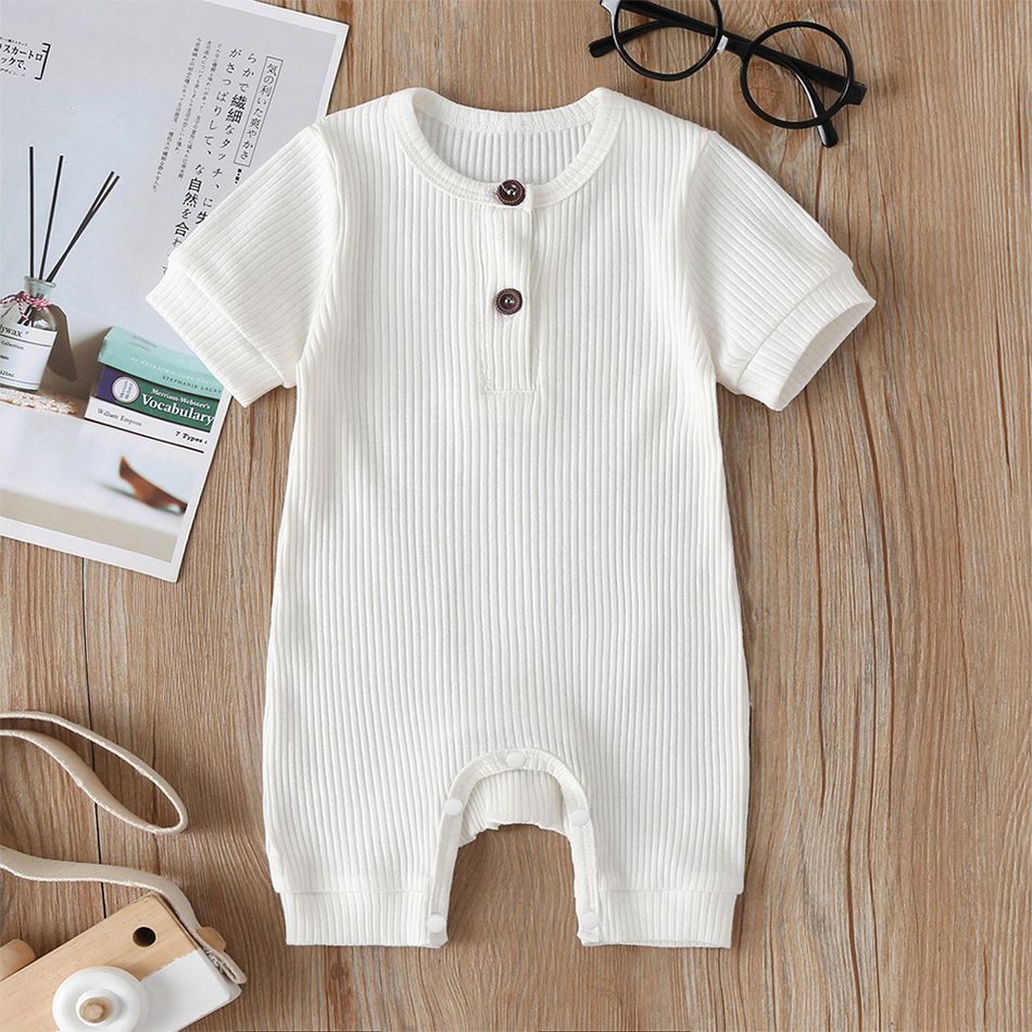 Baby Boy/Girl 95% Cotton Ribbed Short-sleeve Button Up Romper White