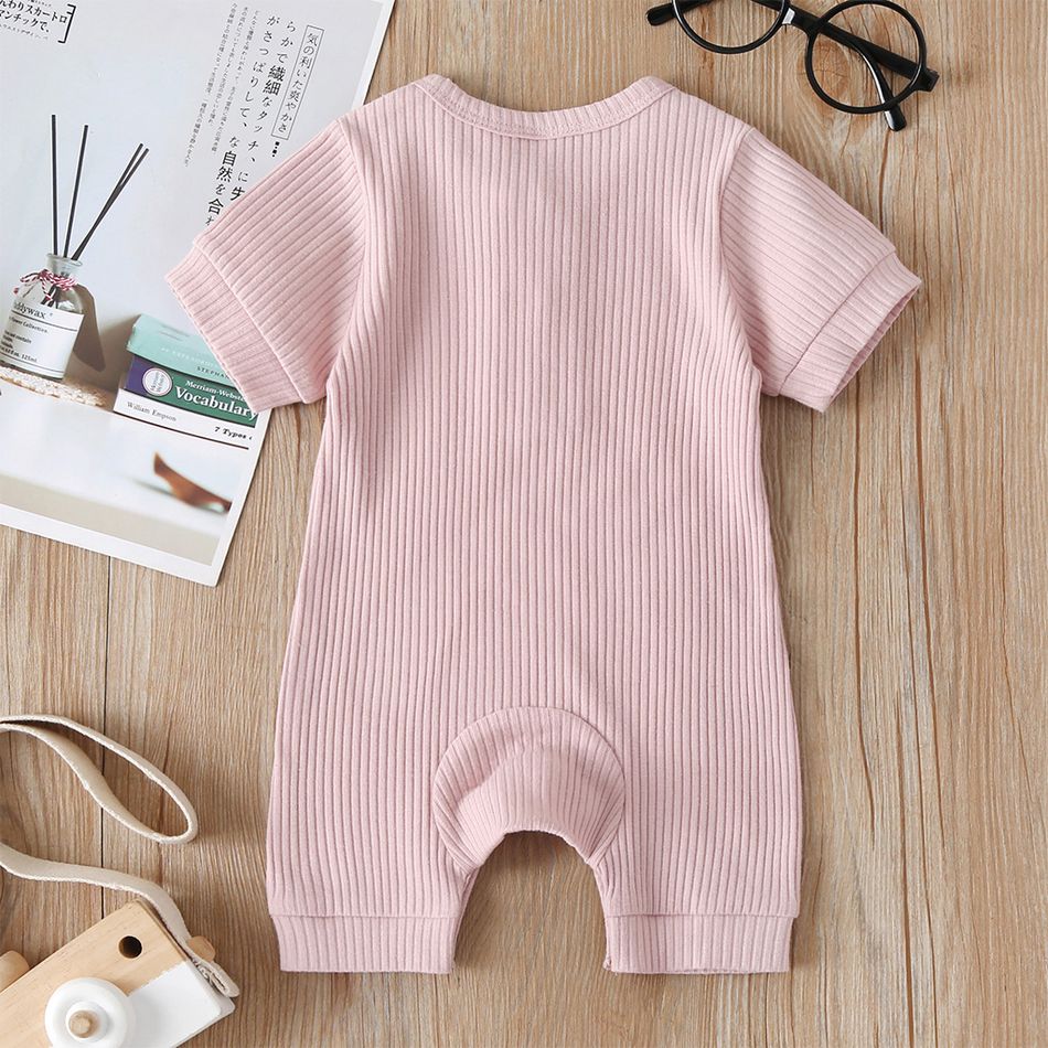 Baby Boy/Girl Cotton Ribbed Short-sleeve Button Up Romper Pink big image 2
