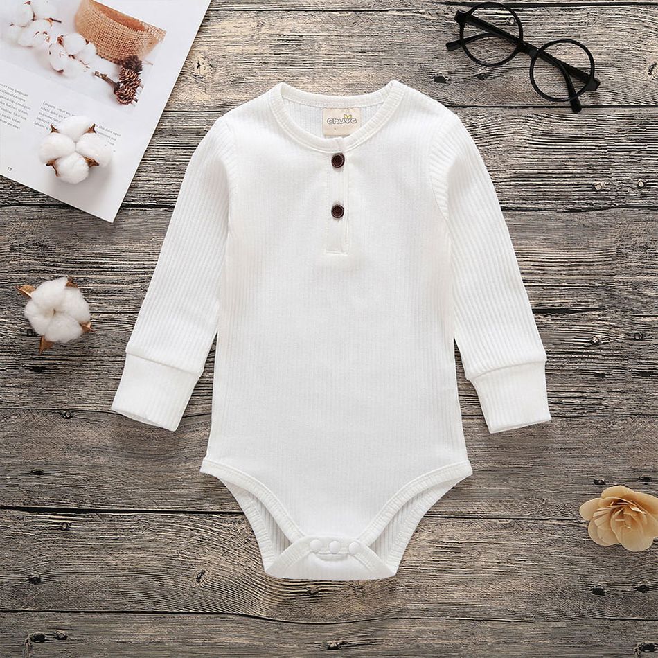Baby Boy/Girl 95% Cotton Ribbed Long-sleeve Button Up Romper White big image 3