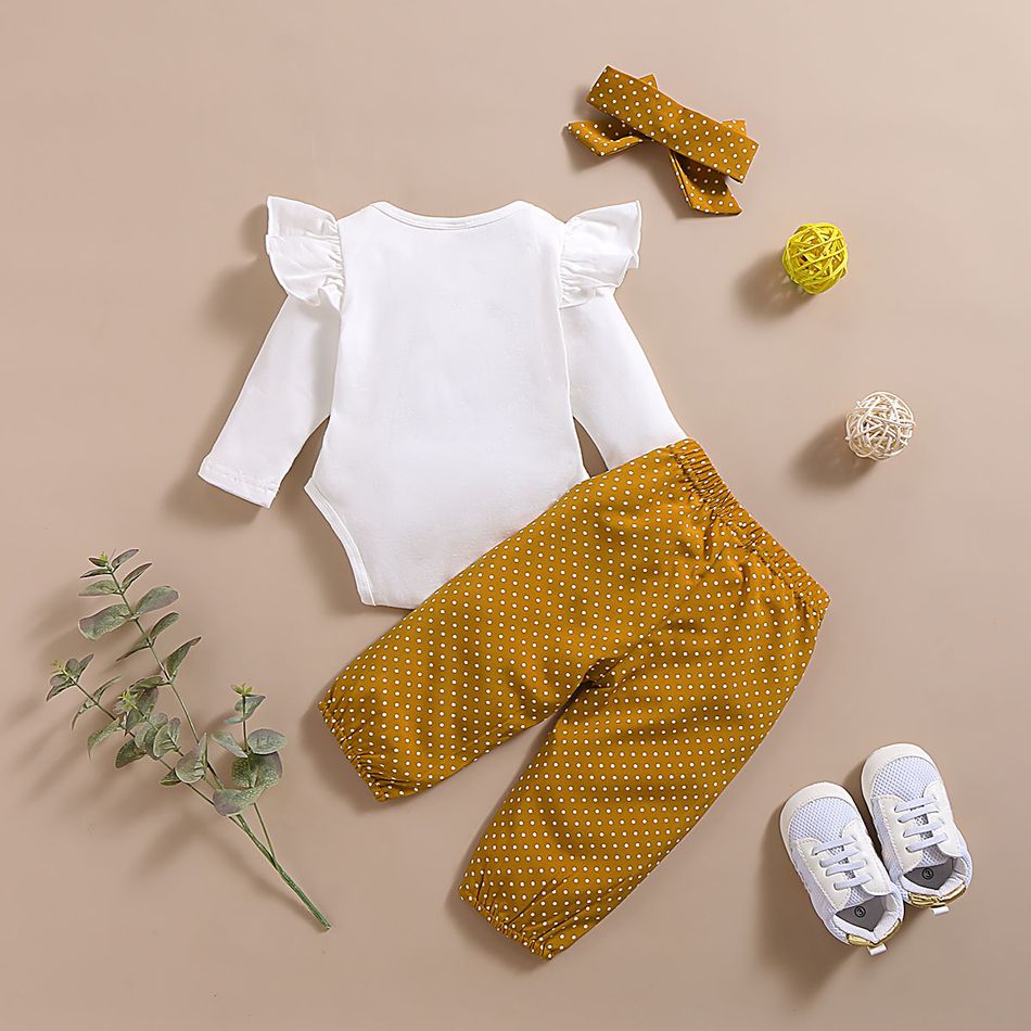 3pcs Baby Girl 95% Cotton Ruffle Long-sleeve Letter Ptint Romper and Polka Dots Pants with Headband Set White big image 3