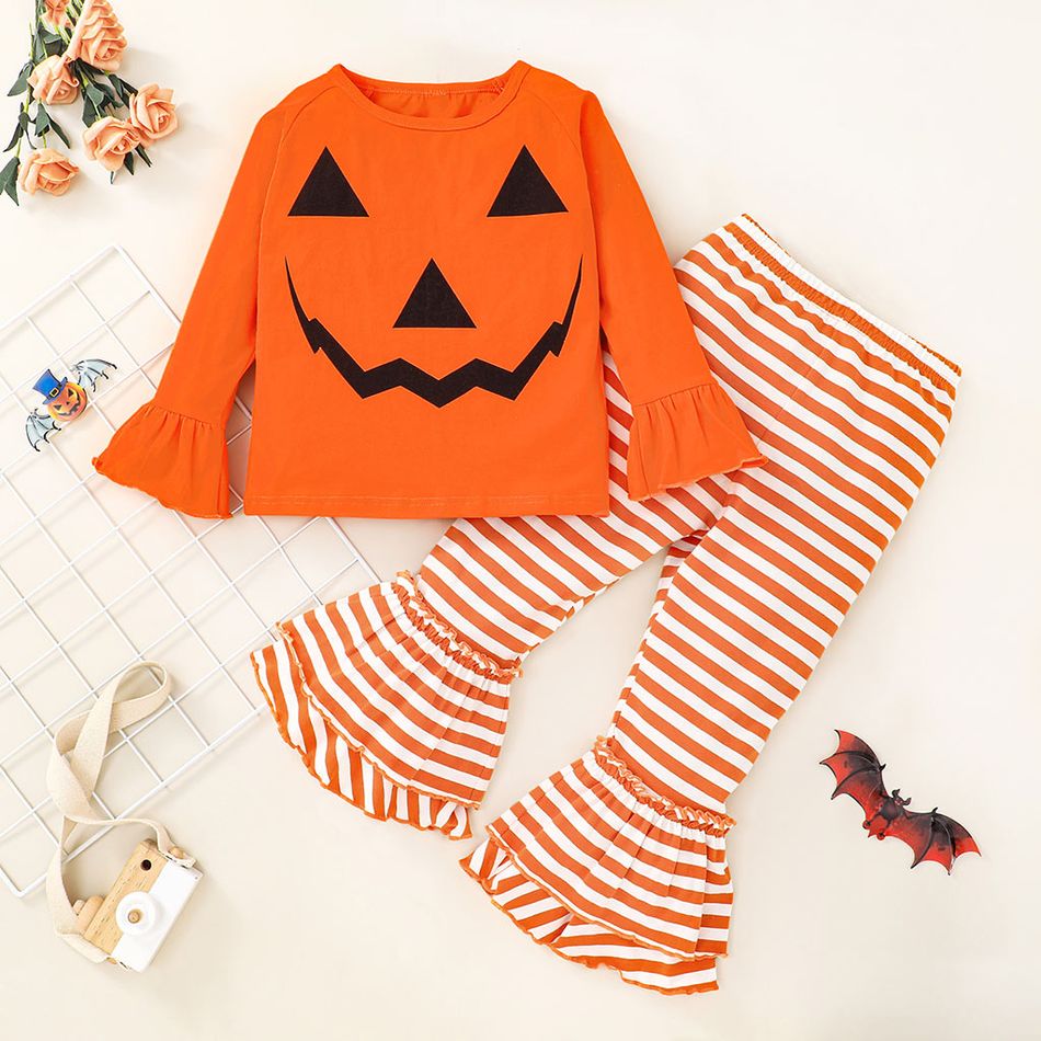 2-piece Toddler Girl Halloween Pumpkin Print Bell sleeves Top and Striped Flared Pants Set Orange