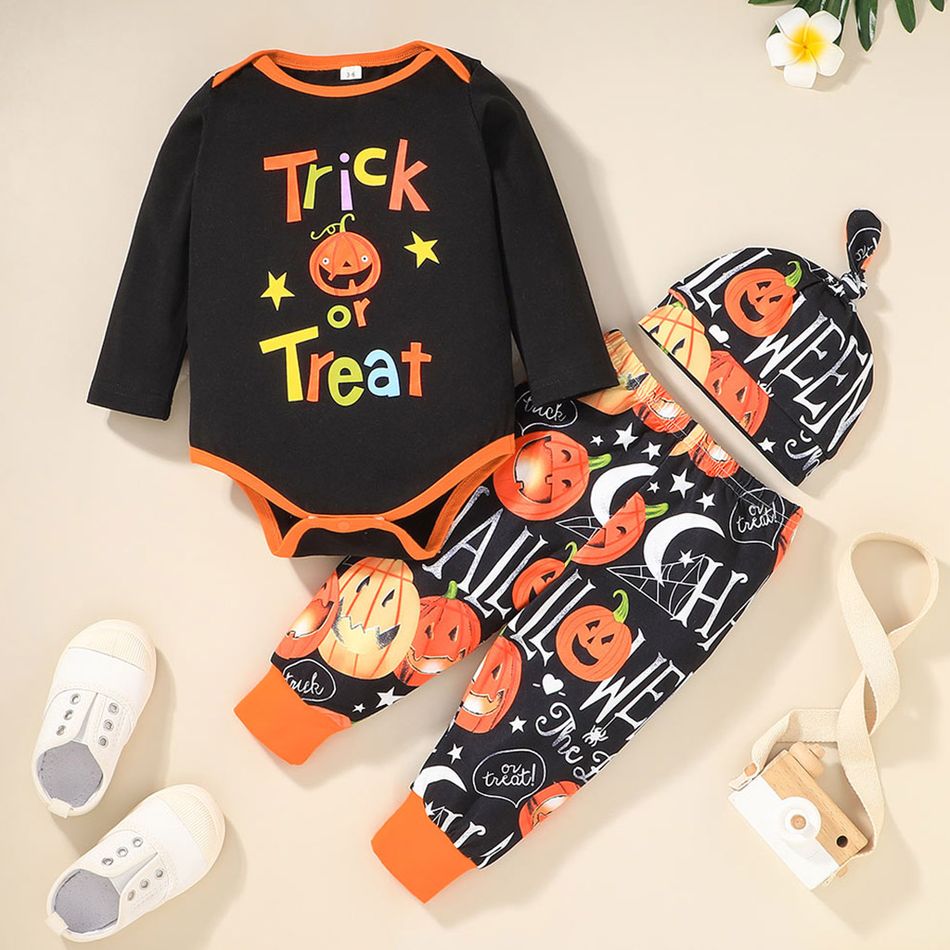 3pcs Halloween Style Letter and Pumpkin Print Long-sleeve Black Baby Set Black