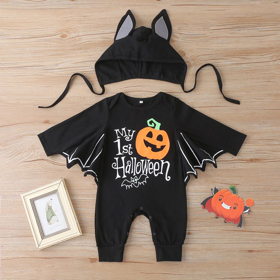 2pcs Letter Pumpkin Print Halloween Bat Design Long-sleeve Black Baby Set Black big image 6