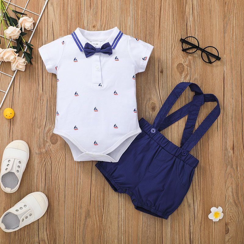 2pcs Sailboat or Mustache Print Bow Tie Decor Short-sleeve Baby Set Dark Blue/white