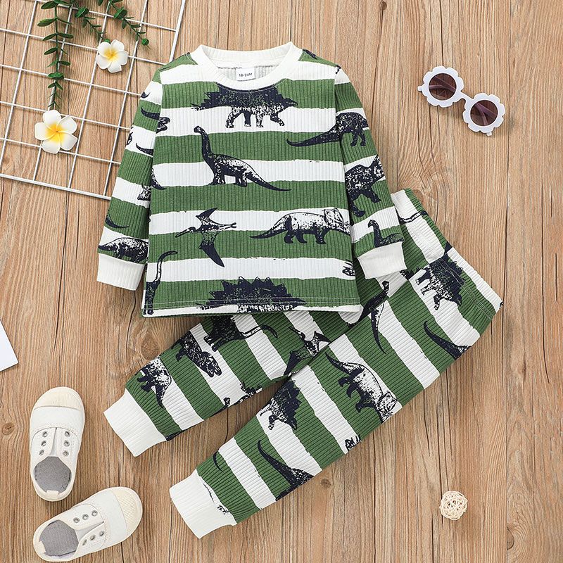 2-piece Toddler Boy/Girl Dinosaur Print Stripe Long-sleeve Top and Pants Set Green