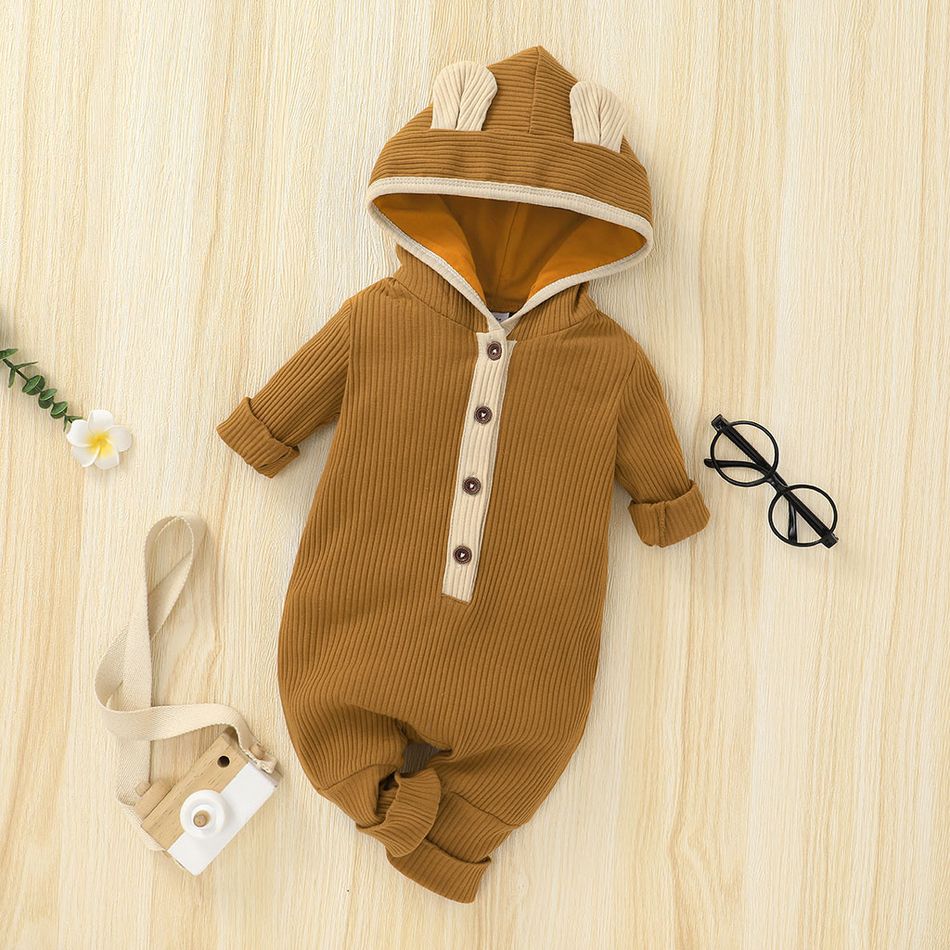 Ribbed Solid Hooded 3D Ear Long-sleeve Baby Jumpsuit Ginger