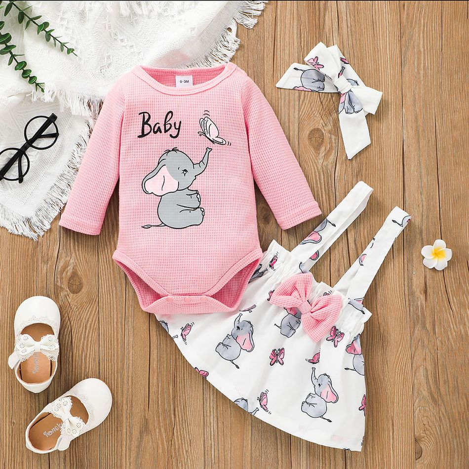 3pcs Cartoon Elephant Print Pink Long-sleeve Romper and Suspender Skirt Set Pink big image 1