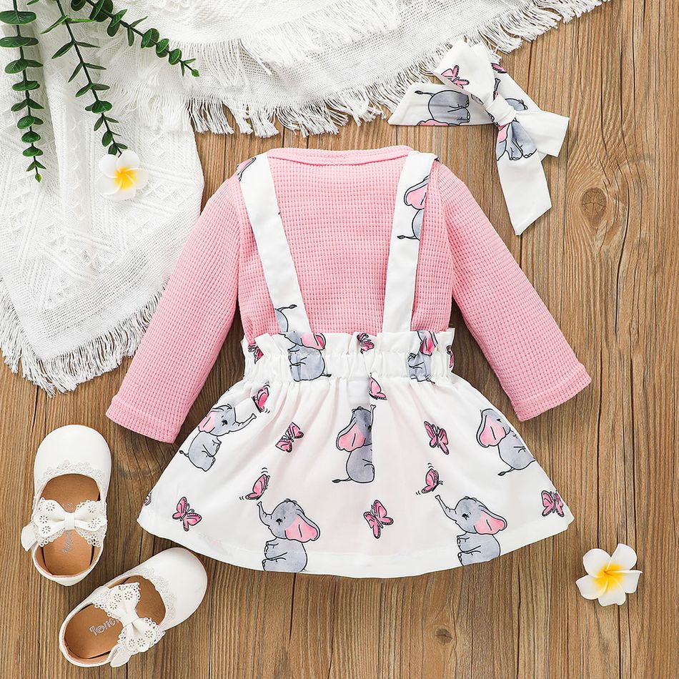 3pcs Cartoon Elephant Print Pink Long-sleeve Romper and Suspender Skirt Set Pink big image 8