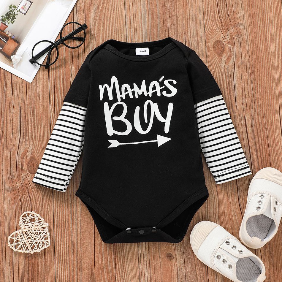 Letter Print Striped Long-sleeve Faux-two Baby Cotton Romper Black