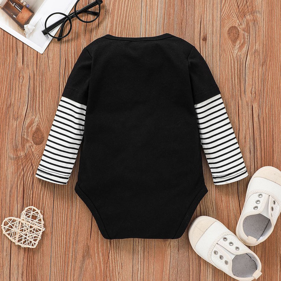 Letter Print Striped Long-sleeve Faux-two Baby Cotton Romper Black