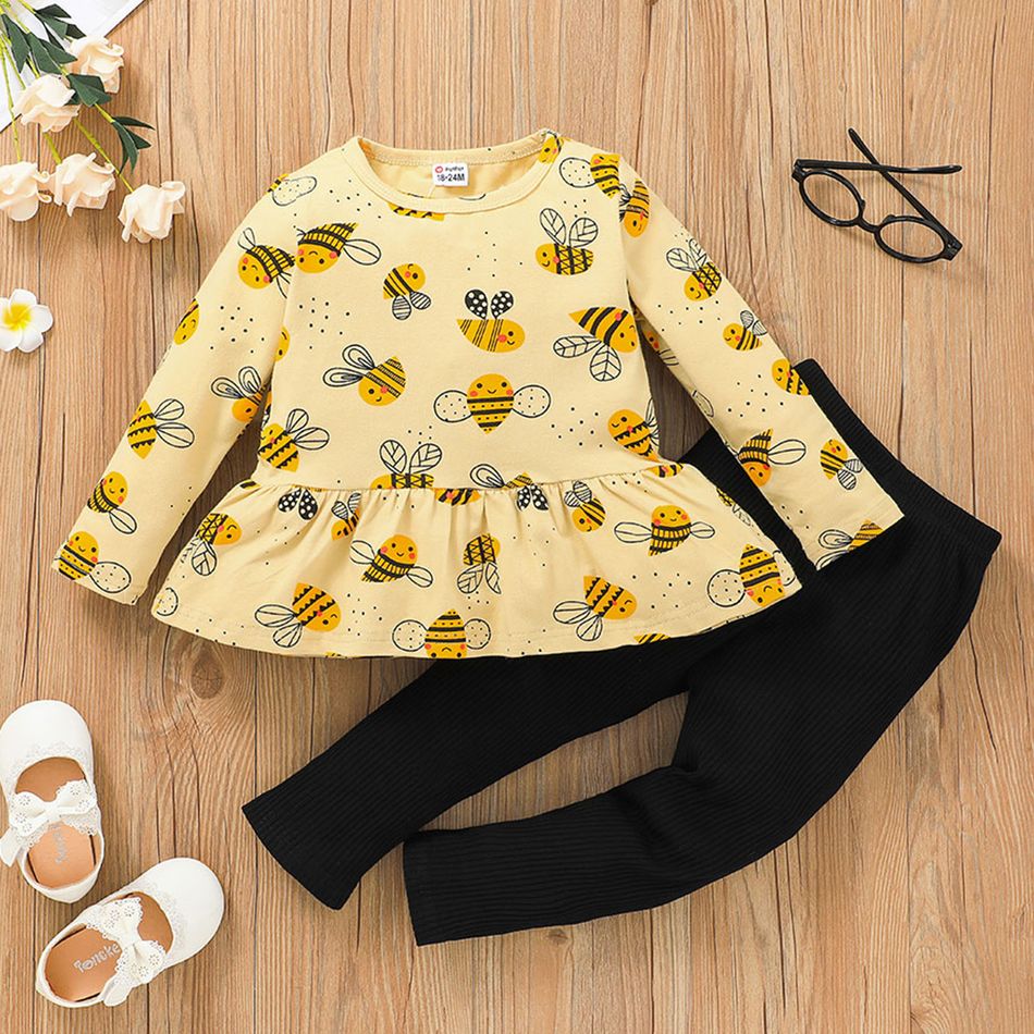 2-piece Toddler Girl Bee Print Long-sleeve Top and Black Pants Set Pale Yellow