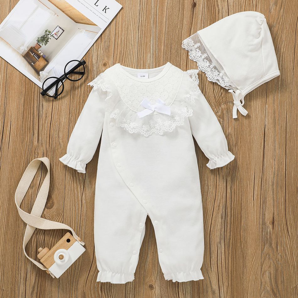 2pcs Baby Lace Splicing Solid Long-sleeve Cotton Jumpsuit Set White