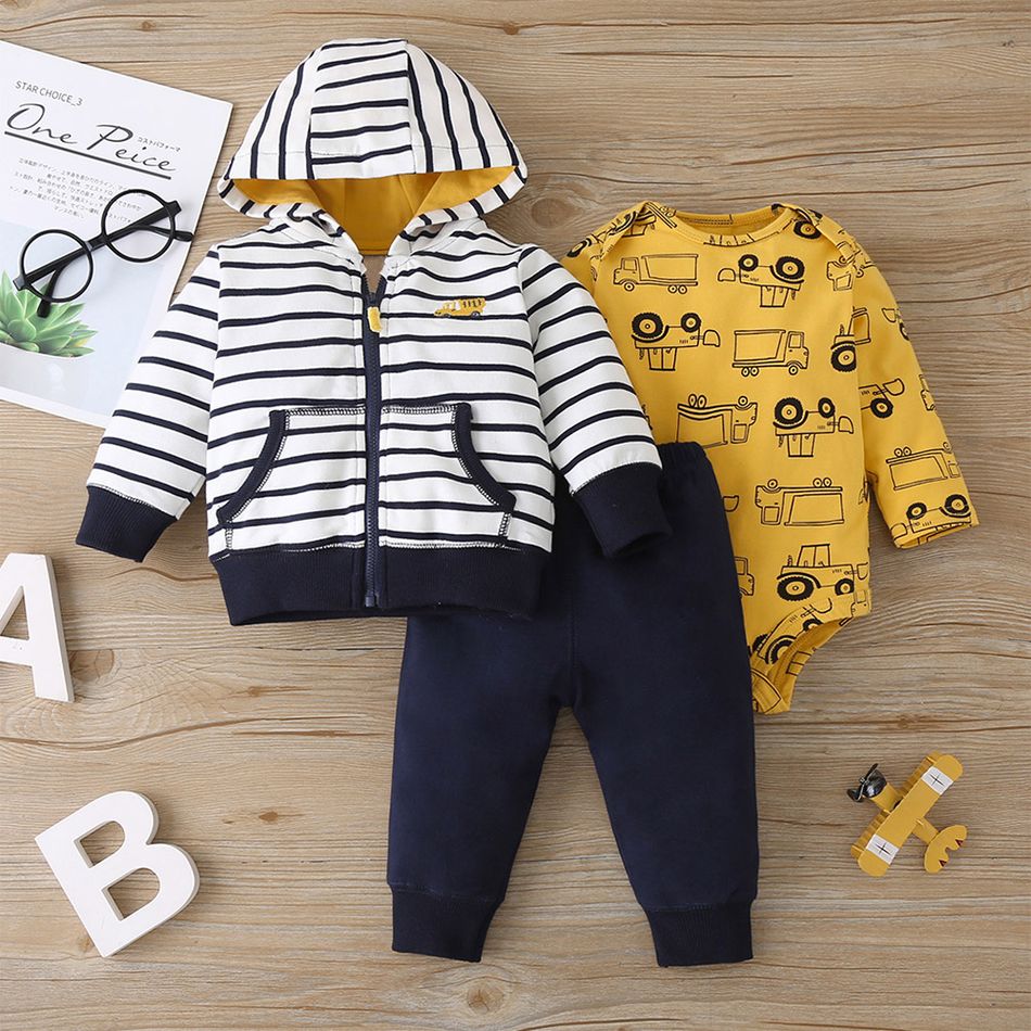 3pcs Baby Cartoon Truck Print Long-sleeve Romper with Joggers and Striped Hoodie Set Yellow