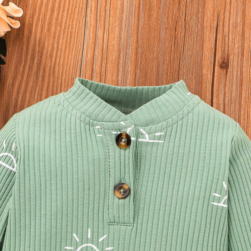 3-piece Baby Boy/Girl 95% Cotton Ribbed Long-sleeve Sun Print Button Design Romper and Elasticized Pants with Cap Set Green big image 3
