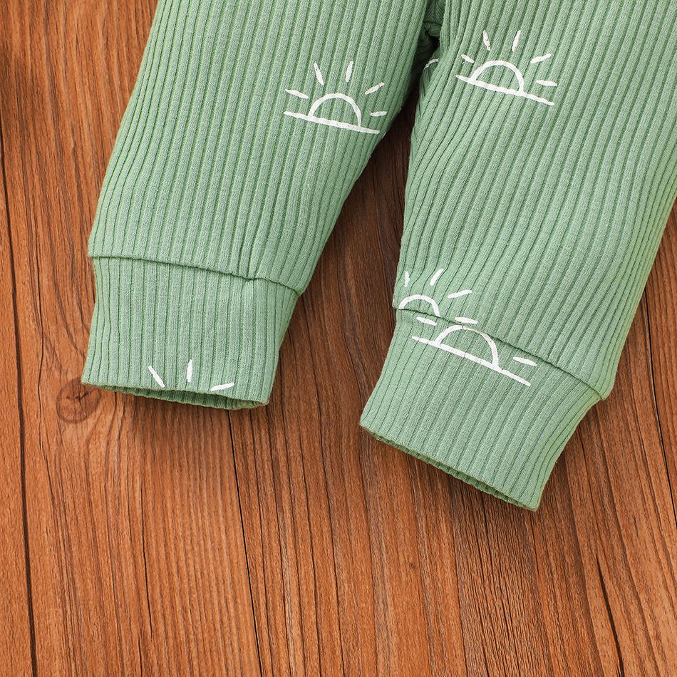 3-piece Baby Boy/Girl 95% Cotton Ribbed Long-sleeve Sun Print Button Design Romper and Elasticized Pants with Cap Set Green big image 7