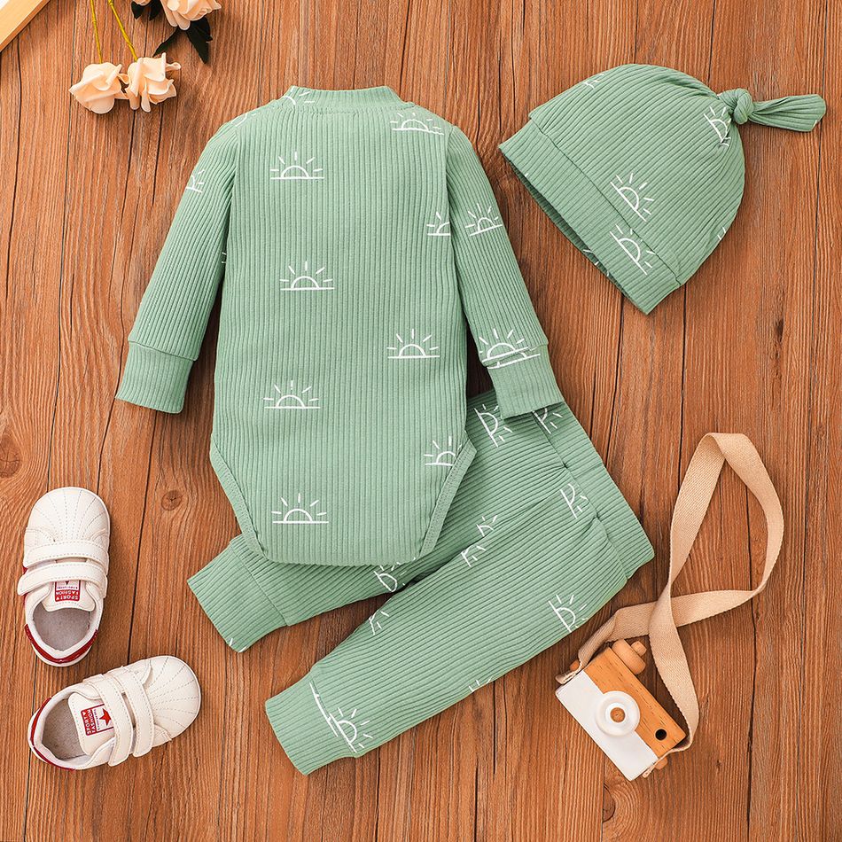 3-piece Baby Boy/Girl 95% Cotton Ribbed Long-sleeve Sun Print Button Design Romper and Elasticized Pants with Cap Set Green