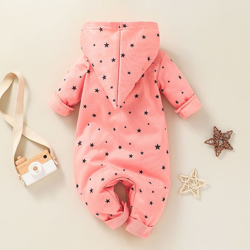Baby Girl Moon Stars Print Button Design Hooded Long-sleeve Jumpsuit Pink big image 3