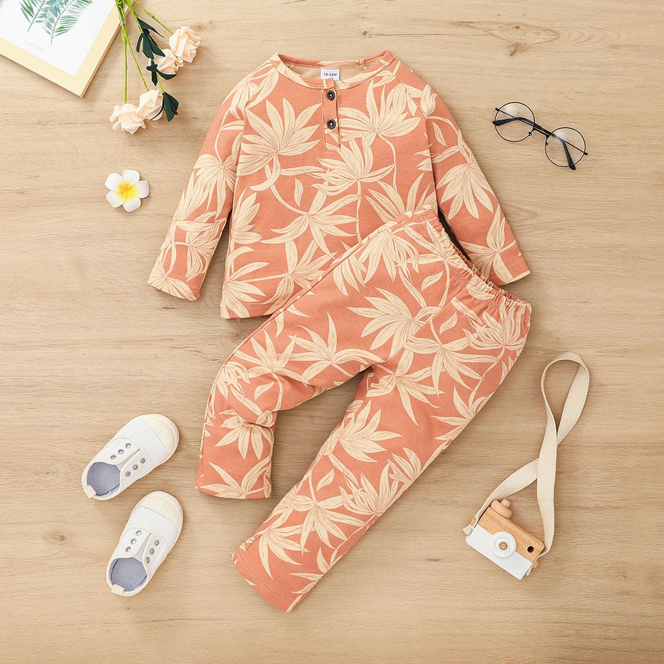 2-piece Toddler Boy Leaf Print Button Design Henley Shirt and Pants Set Pink