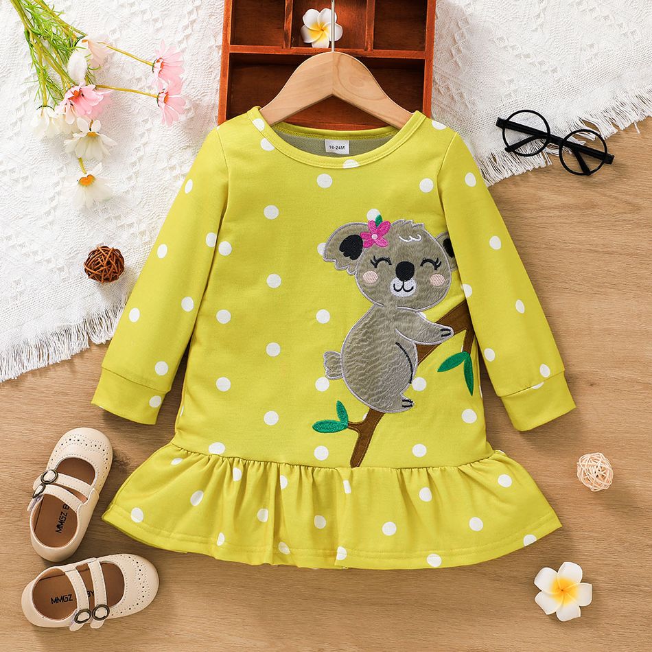 Toddler Girl Koala Embroidered Polka dots Ruffle Hem Long-sleeve Dress Yellow