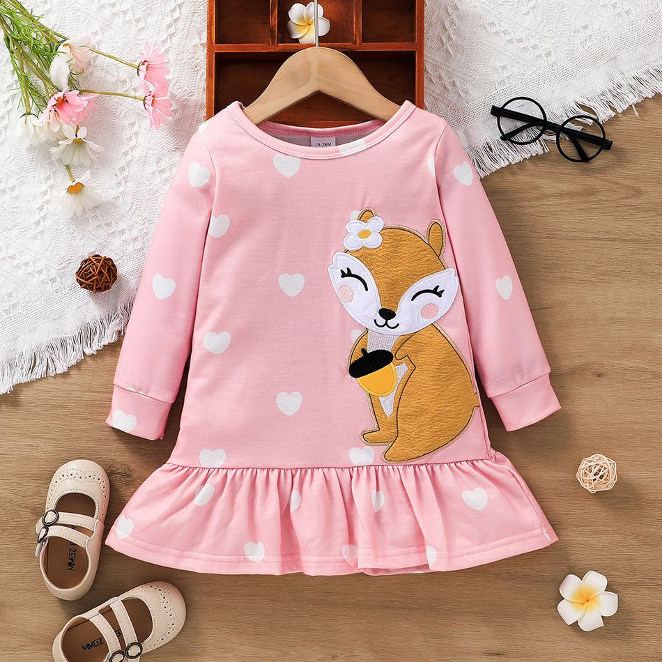Toddler Girl Fox Embroidered Heart Print Ruffle Hem Long-sleeve Pink Dress Pink