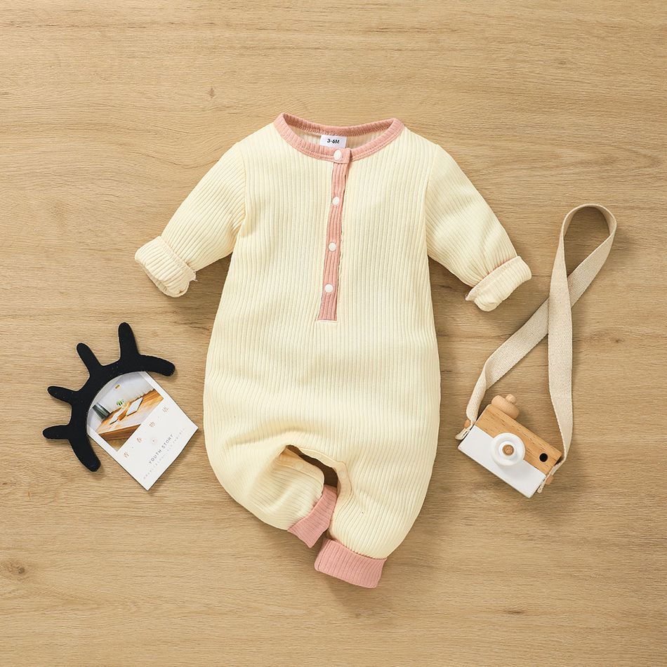 Ribbed Solid Splice Long-sleeve Baby Jumpsuit Beige