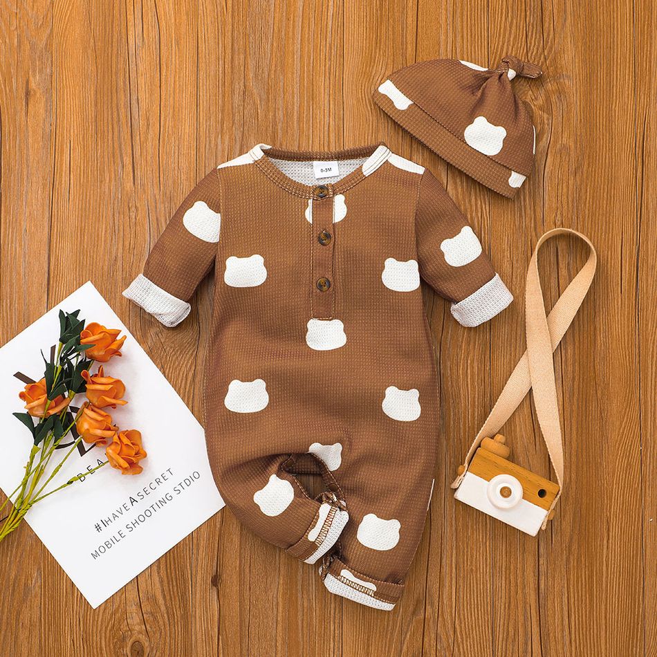 2pcs Baby Boy/Girl All Over Cartoon Bear Print Waffle Long-sleeve Jumpsuit with Hat Set Brown