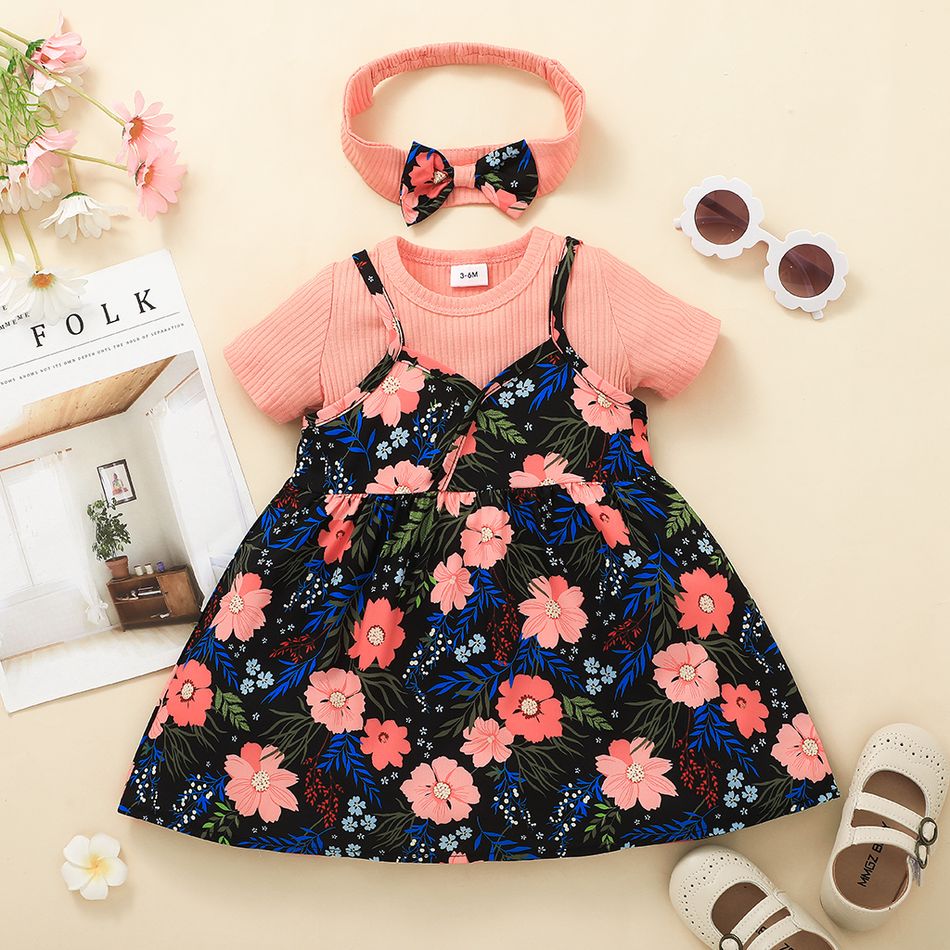 3pcs Baby Girl Pink Ribbed Short-sleeve Romper with Floral Print Spaghetti Strap Dress and Headband Set Pink
