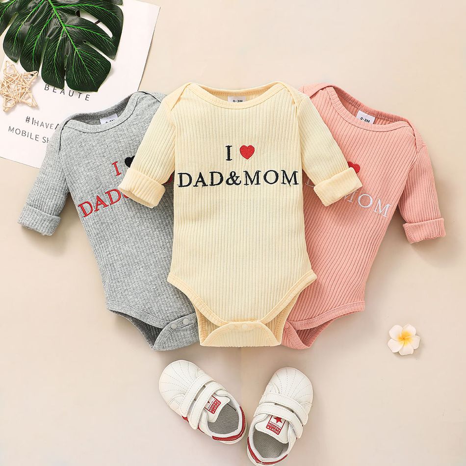 Baby Boy/Girl Love Heart and Letter Embroidered Solid Ribbed Long-sleeve Romper Pink big image 1