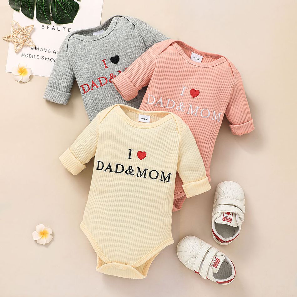 Baby Boy/Girl Love Heart and Letter Embroidered Solid Ribbed Long-sleeve Romper Pink big image 2