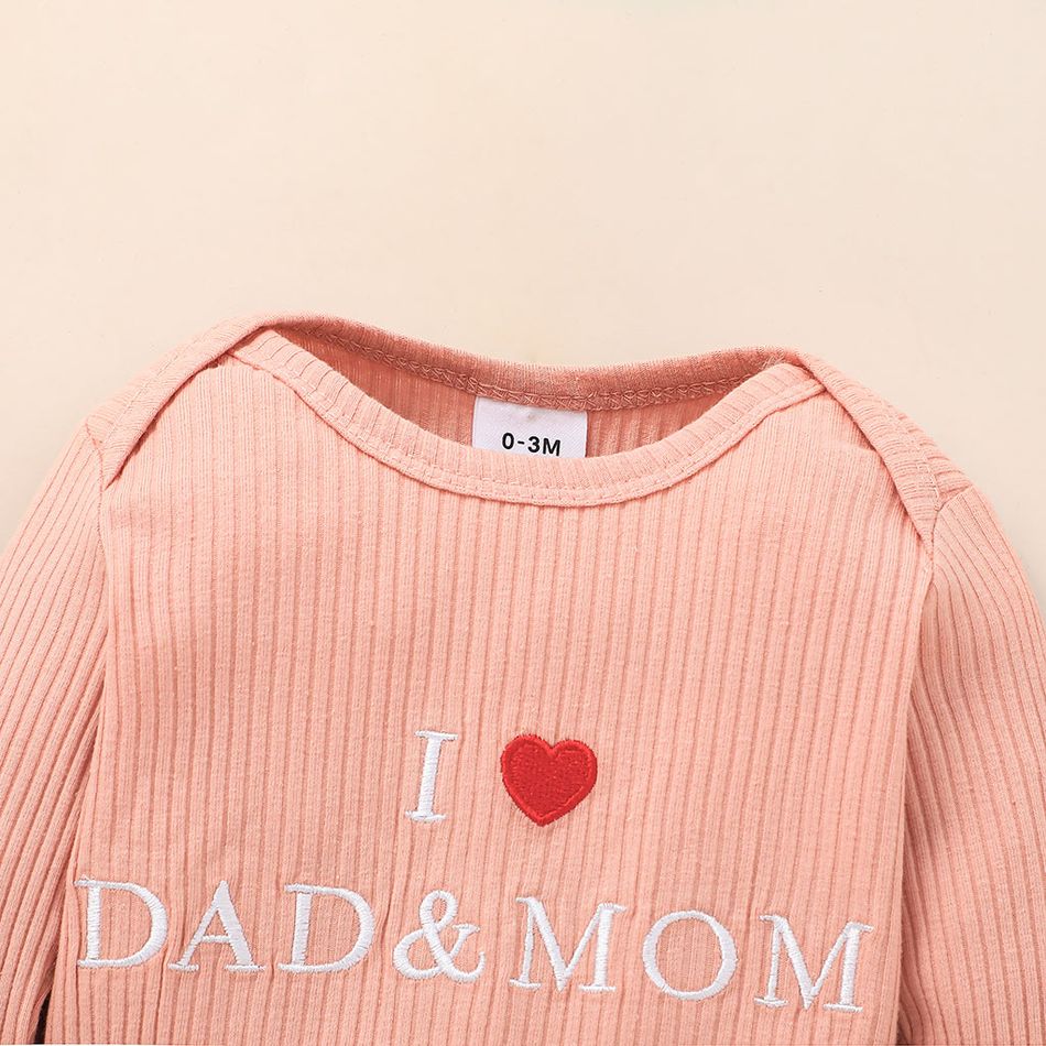 Baby Boy/Girl Love Heart and Letter Embroidered Solid Ribbed Long-sleeve Romper Pink big image 4