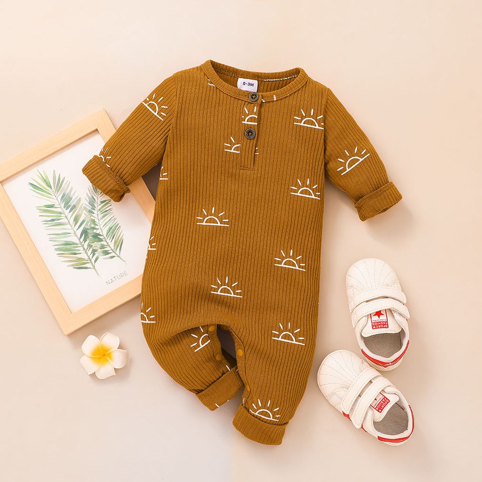 Baby Boy/Girl 95% Cotton Ribbed All Over Sun Print Long-sleeve Jumpsuit Yellow big image 1