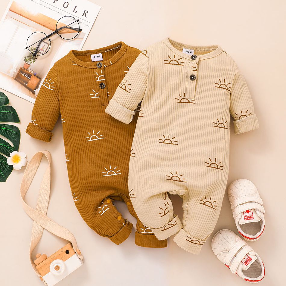 Baby Boy/Girl 95% Cotton Ribbed All Over Sun Print Long-sleeve Jumpsuit Yellow big image 2