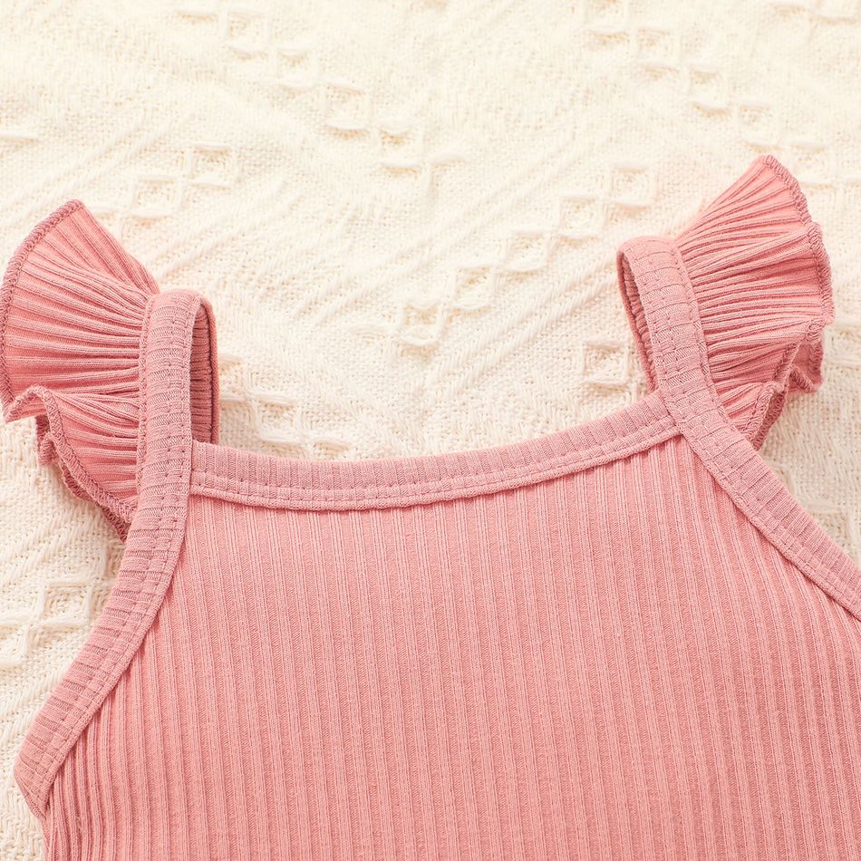 2pcs Baby Girl 95% Cotton Ribbed Flutter-sleeve Romper and Ruffle Shorts Set Dark Pink big image 3