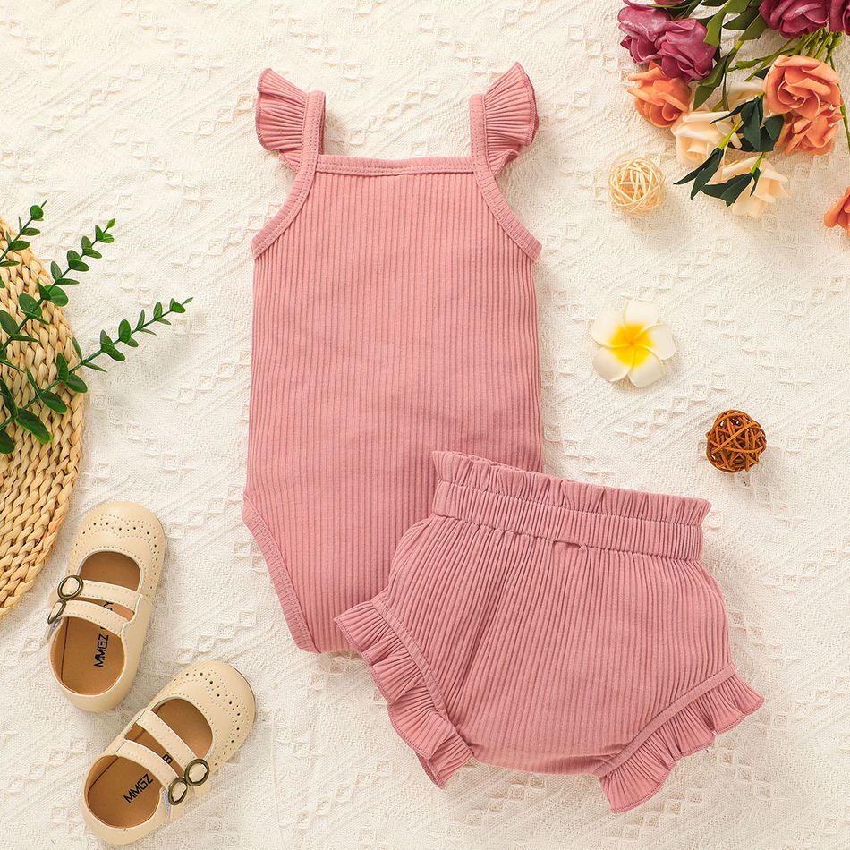2pcs Baby Girl 95% Cotton Ribbed Flutter-sleeve Romper and Ruffle Shorts Set Dark Pink big image 10