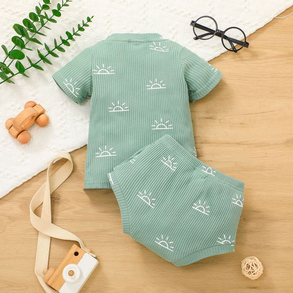 2pcs Baby Boy/Girl 95% Cotton Ribbed Short-sleeve All Over Sun Print Top and Shorts Set Green big image 8