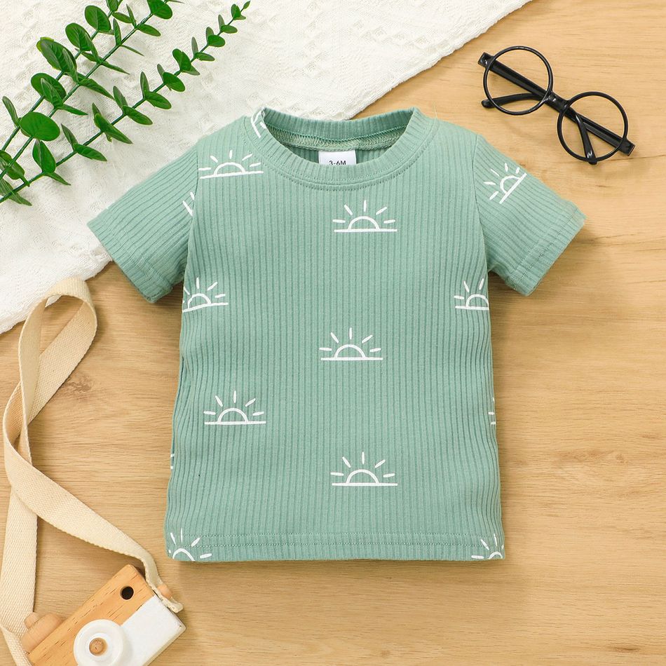 2pcs Baby Boy/Girl 95% Cotton Ribbed Short-sleeve All Over Sun Print Top and Shorts Set Green big image 2
