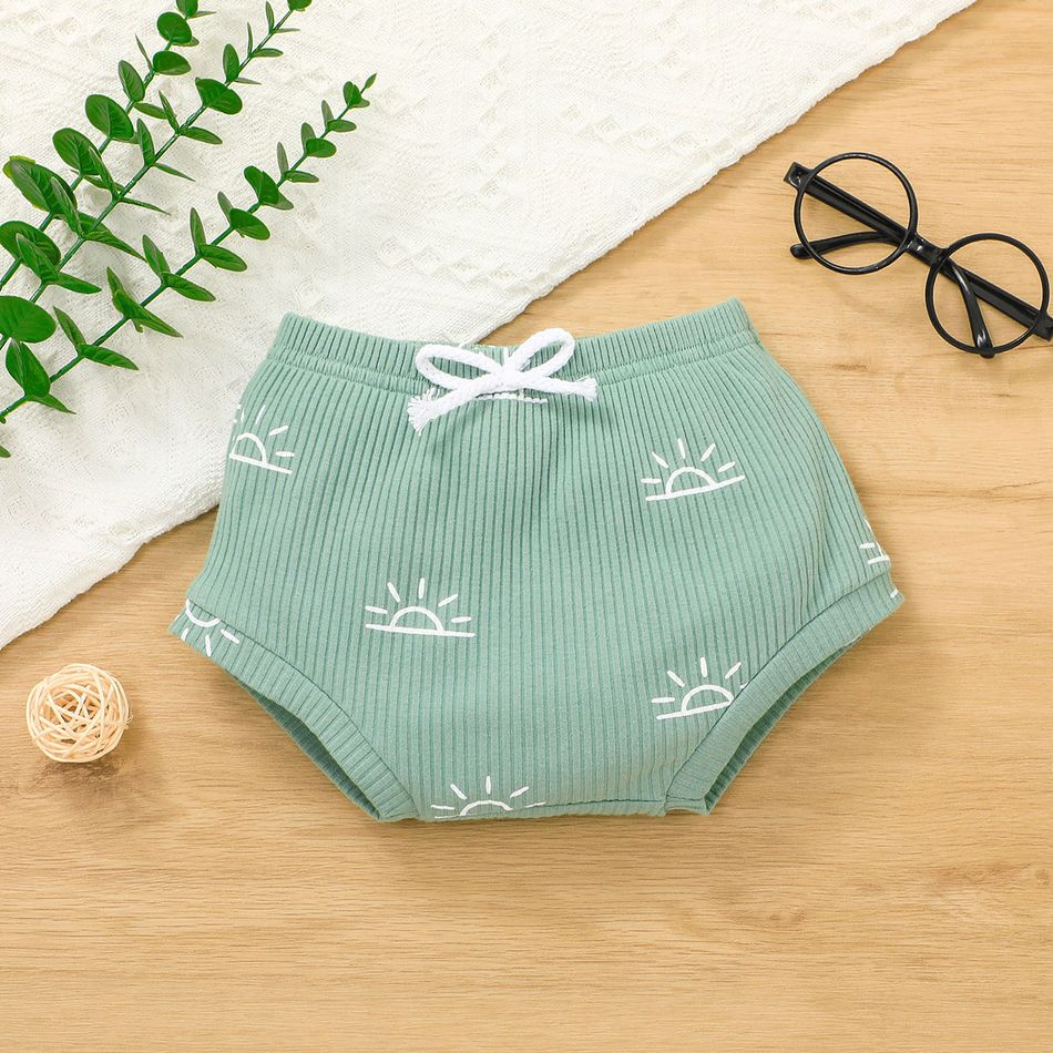 2pcs Baby Boy/Girl 95% Cotton Ribbed Short-sleeve All Over Sun Print Top and Shorts Set Green big image 5