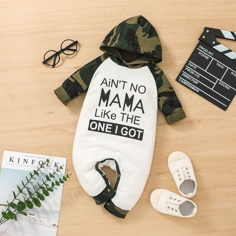 Baby Boy Letter Print Splicing Camouflage Long-sleeve Hooded Jumpsuit Army green