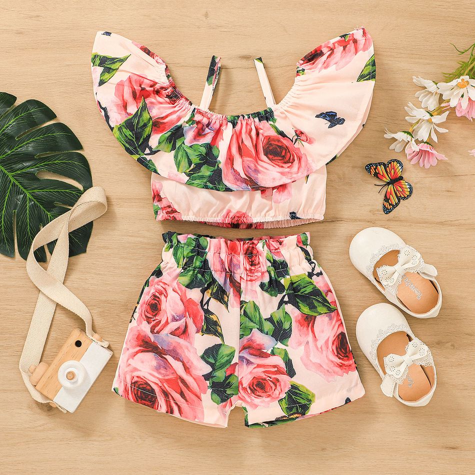 2pcs Baby Girl Floral Print Pink Off Shoulder Spaghetti Strap Ruffle Crop Top and Shorts Set Pink