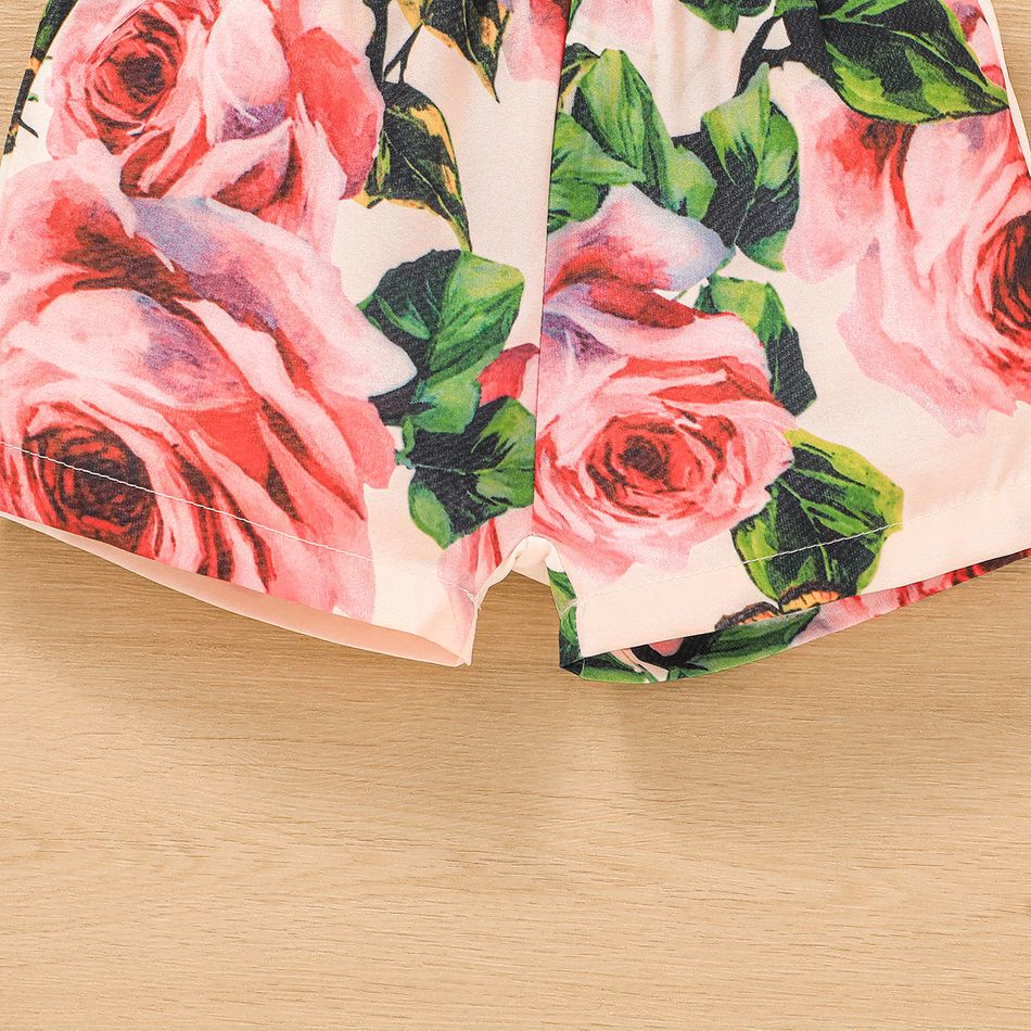 2 قطعة طفلة الأزهار المطبوعة الوردي قبالة الكتف السباغيتي حزام كشكش أعلى محصول ومجموعة السراويل زهري big image 9