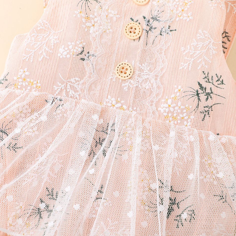 Baby Girl Button Design Sleeveless Floral Print Splicing Mesh Romper Pink big image 4