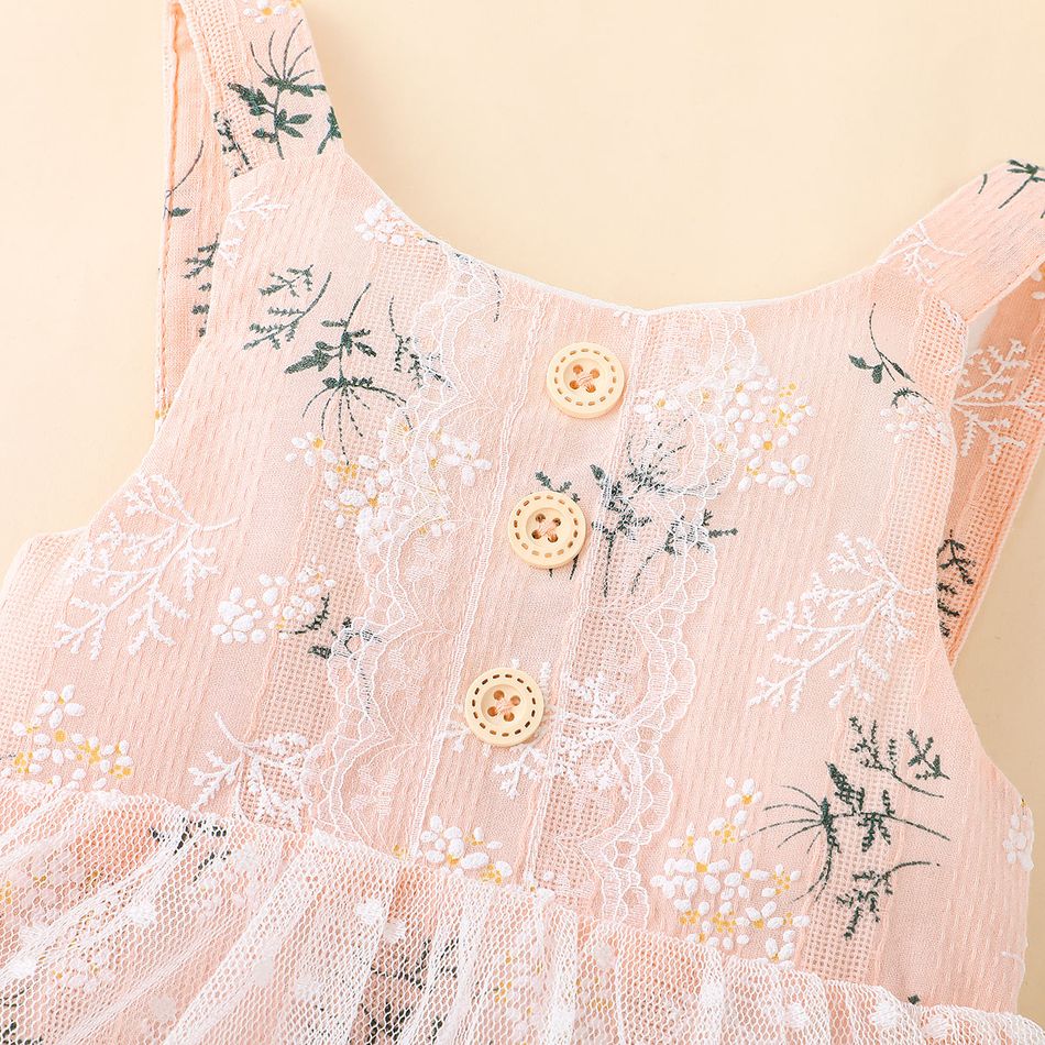 Baby Girl Button Design Sleeveless Floral Print Splicing Mesh Romper Pink big image 3