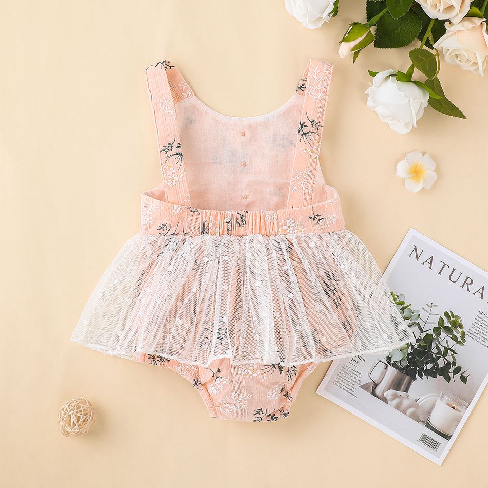 Baby Girl Button Design Sleeveless Floral Print Splicing Mesh Romper Pink big image 6
