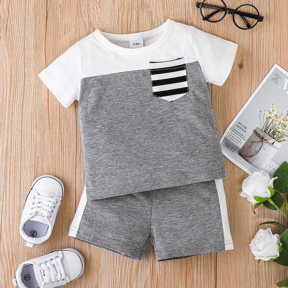 2pcs Baby Boy 95% Cotton Short-sleeve Striped Colorblock T-shirt and Shorts Set White big image 1