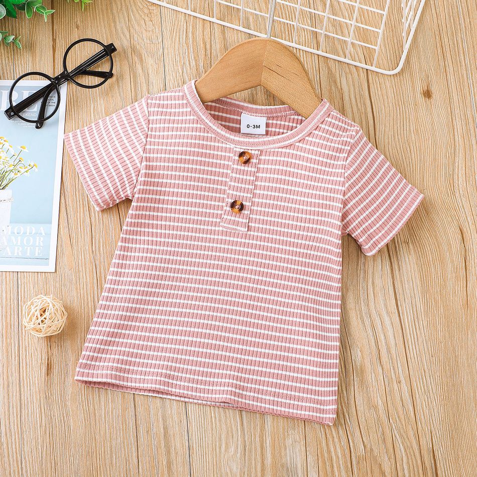 Gestreiftes, geripptes Kurzarm-T-Shirt mit Rundhalsausschnitt für Jungen/Mädchen rosa